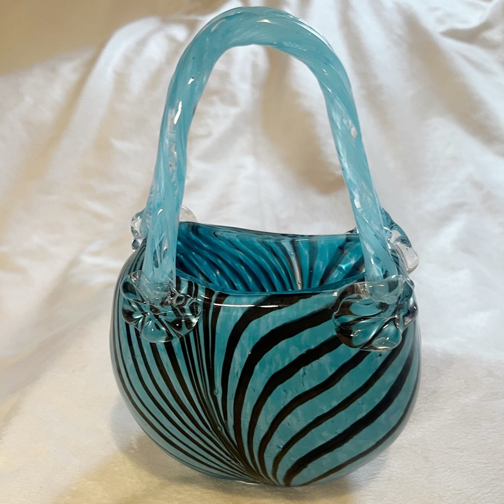 Murano Style Blown Glass Turquoise Brown Striped Handbag Vase 8.5” Animal Print